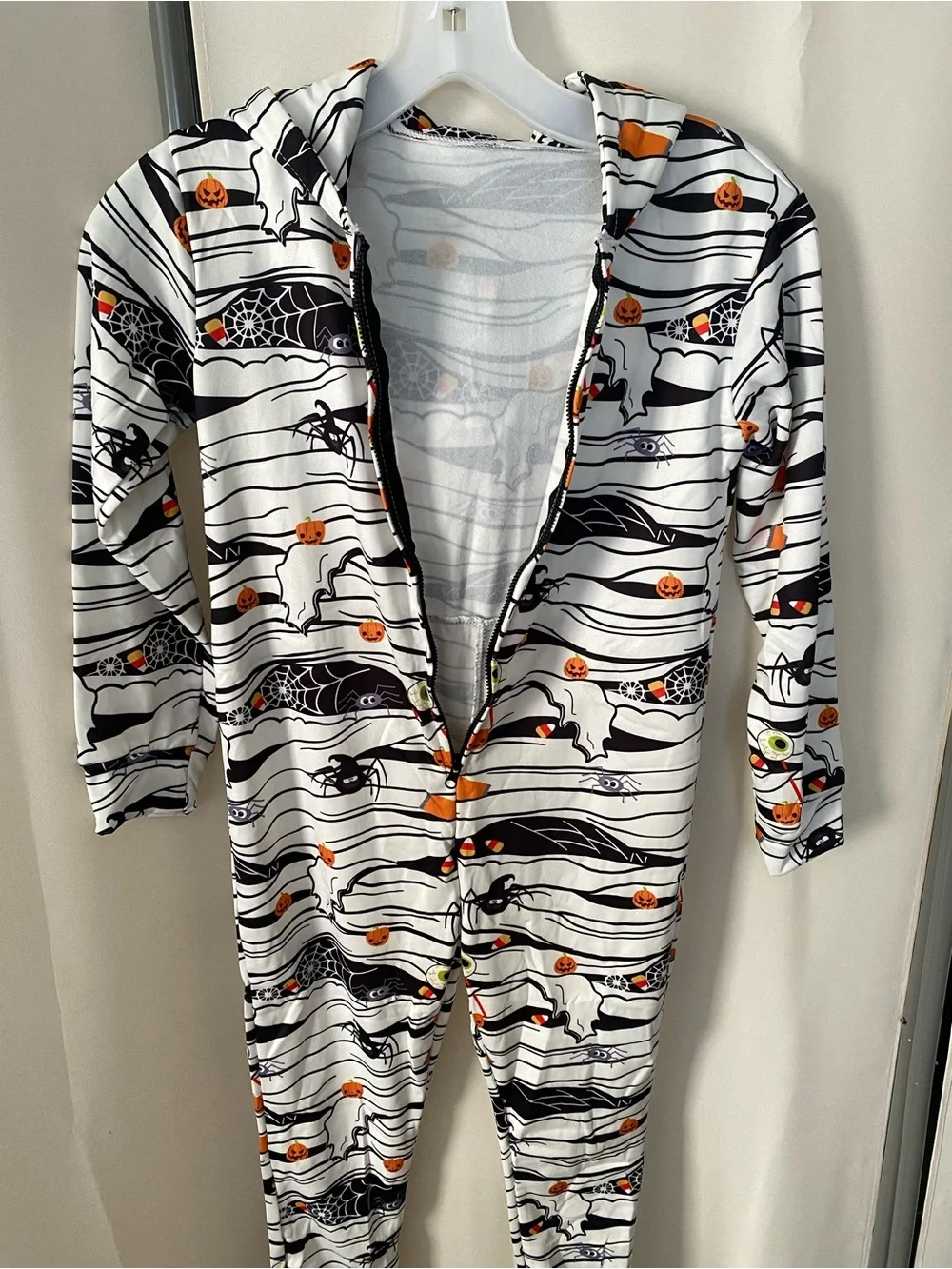 Kids Unisex Halloween One Piece Pajama Jumpsuit Size 8-10 Hooded Spider Pumpkin